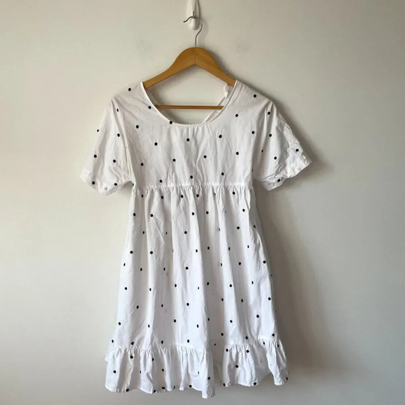 Zara Polka Dot Poplin Embroidered Tie Back  Babydoll Dress White Black Sz Small - Picture 4 of 10